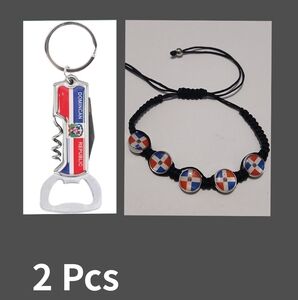 Handmade 🇩🇴 Flag  Black Adjustable Bracelet Dominican Rep & Key Holder 2 Pcs